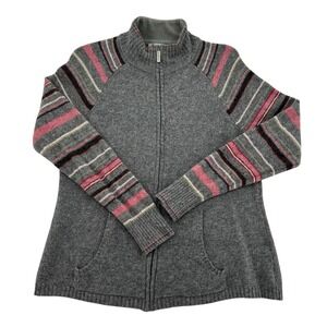 Vintage Eddie Bauer Gray Stripe Full Zip 100% Lambs Wool Cozy Sweater Women XL